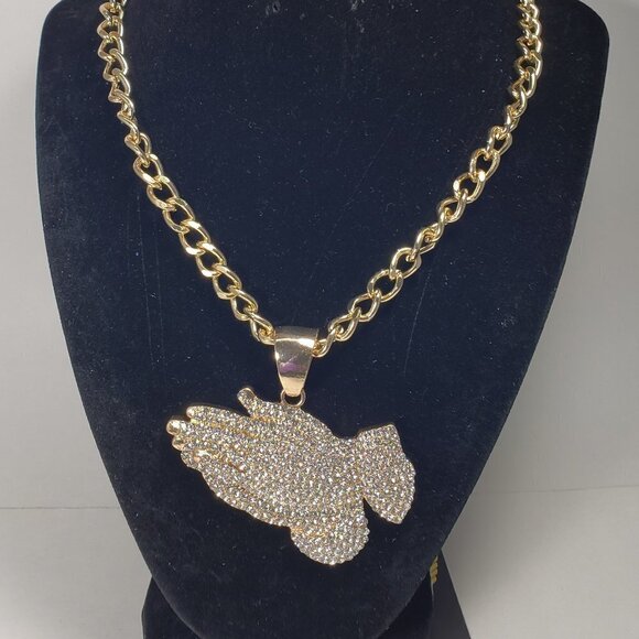 Gold-Tone Chunky Chain Necklace w/ Praying Hands Pendant  Unisex Fashion Jewelry - Picture 4 of 8